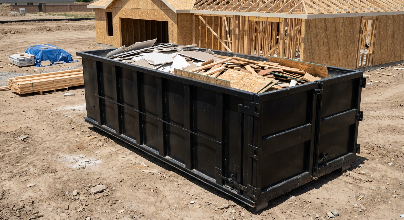 Matte-black 30-yard roll-off construction dumpster sitting directly on the compacted-dirt site of a framed single-family home build in Springfield, drywall and lumber scrap loaded inside.