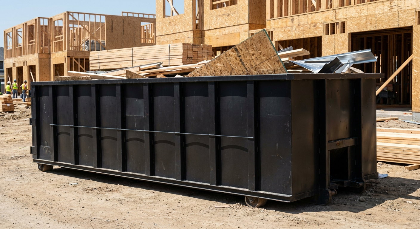 Matte-black 40-yard roll-off construction dumpster being lowered from a white-cab hooklift delivery truck onto the compacted-dirt jobsite at a commercial build site in Springfield
