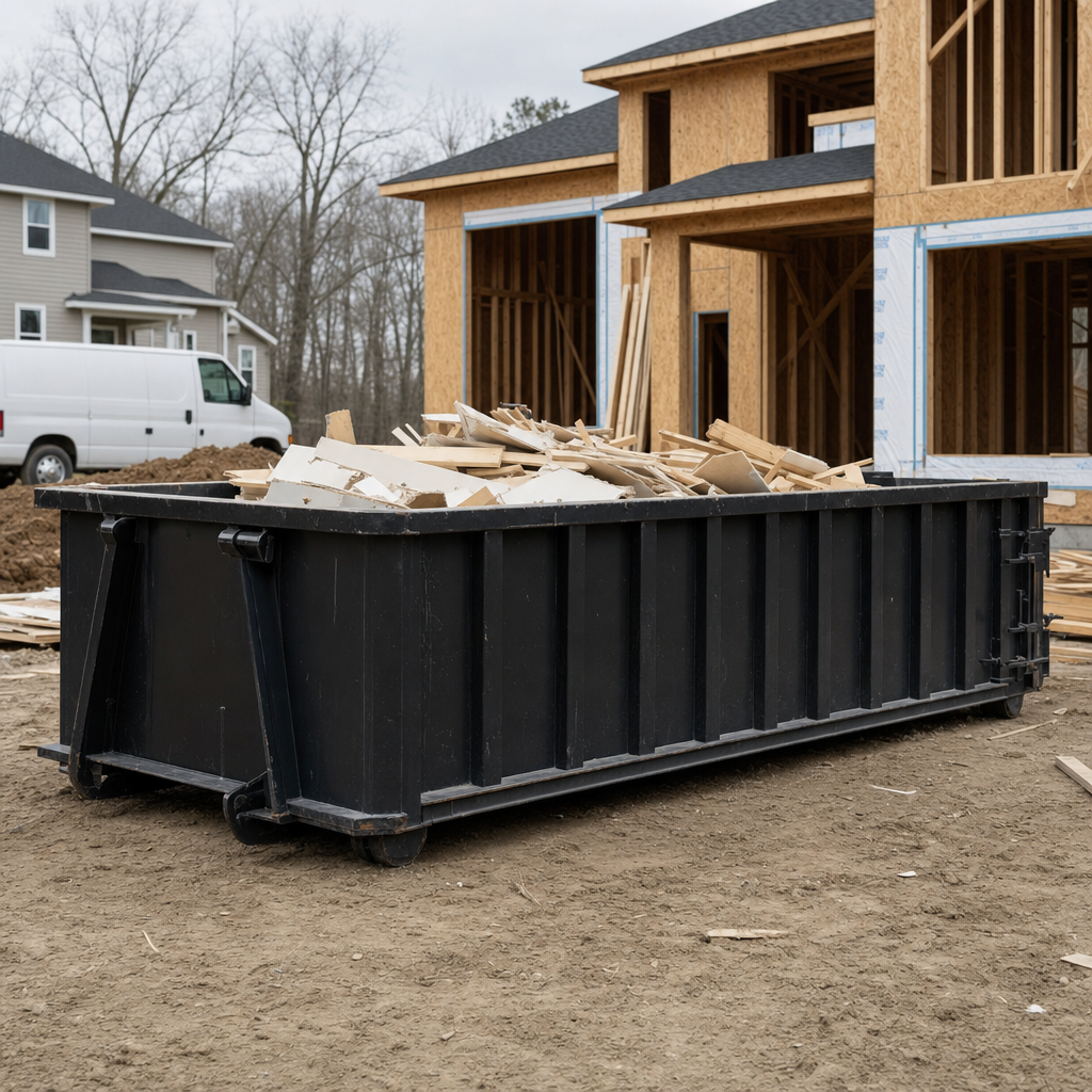 Worker in a yellow high-visibility vest tossing framing lumber and broken drywall into a matte-black 30-yard construction roll-off dumpster on an active build site in Springfield, bright daylight