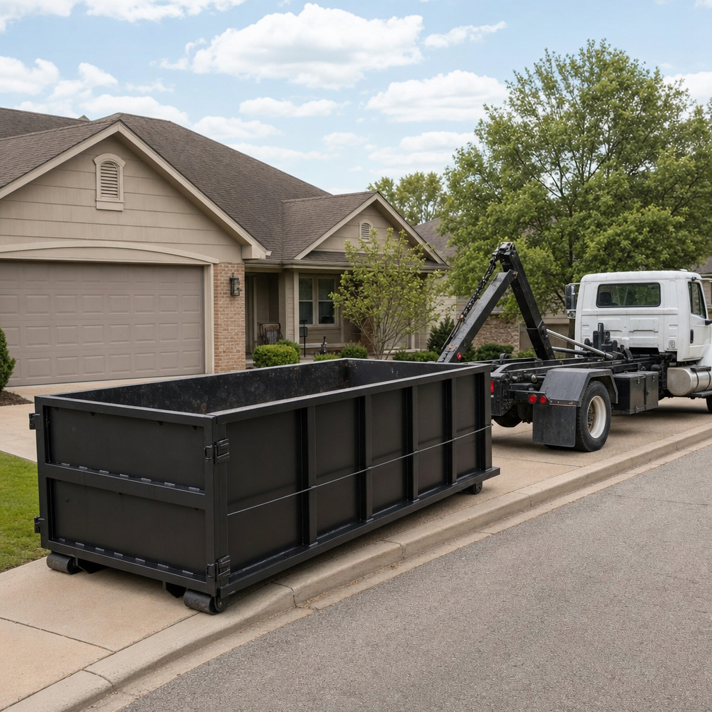 Wide documentary shot of a matte-black roll-off dumpster on a Springfield residential driveway in the foreground and a contractor jobsite container in the soft-focus background, bright daylight, calm and orderly composition.