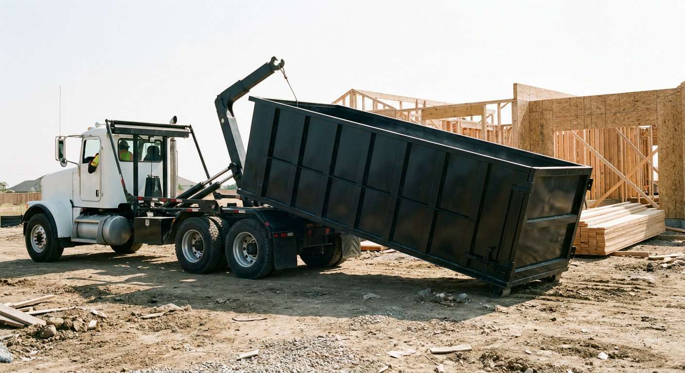 Matte-black roll-off dumpster being delivered onto a clean residential concrete driveway in Springfield by an unmarked white hooklift hauler truck, bright morning daylight, documentary 35mm perspective.