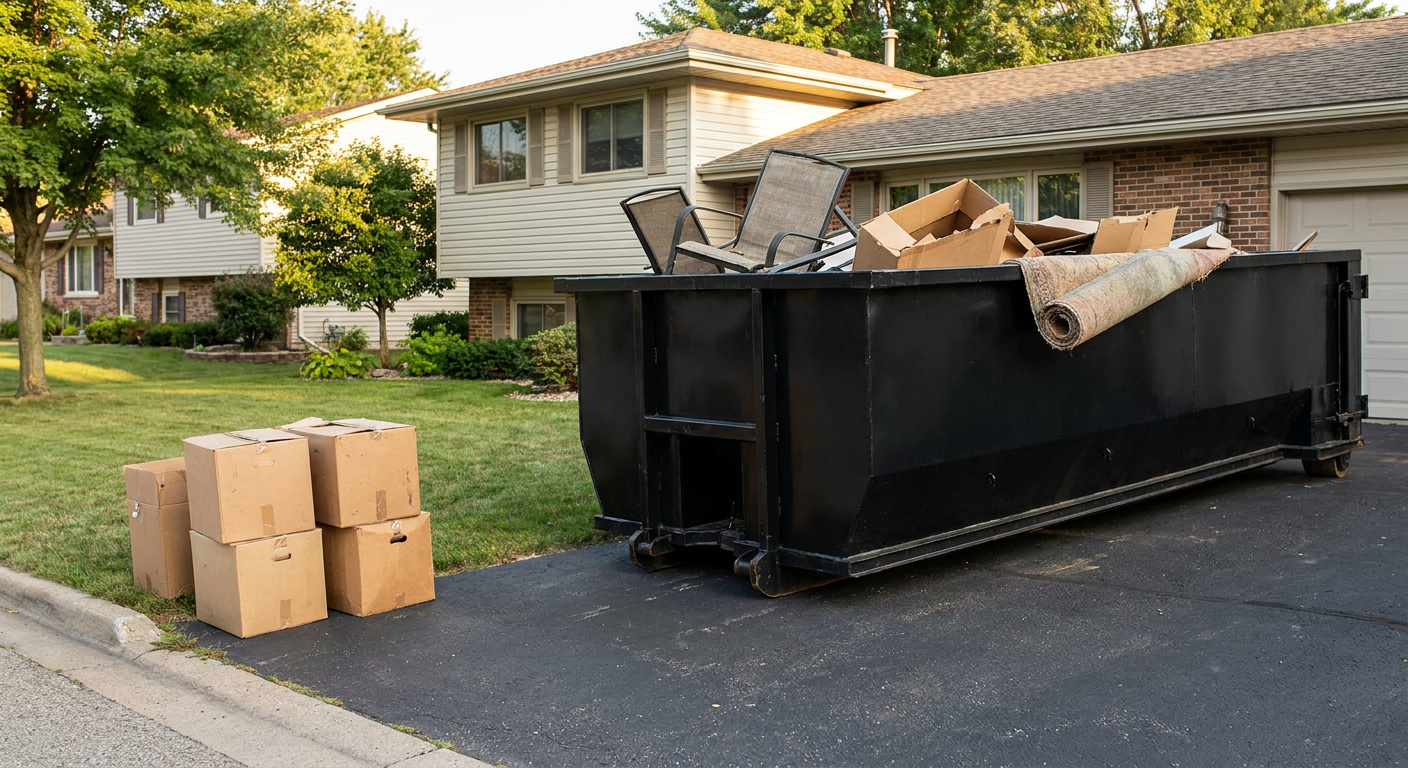 Front-yard view of a Springfield split-level home with a 20-yard matte-black roll-off dumpster sitting directly on the asphalt driveway, a few clearly labeled donation boxes staged at the curb, calm sunny afternoon.