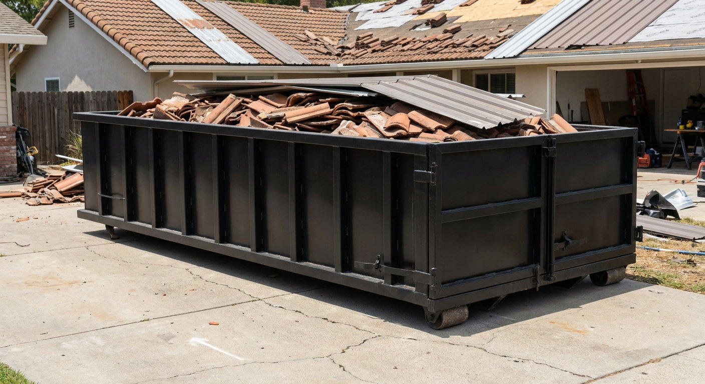 Matte-black low-wall heavy-debris roofing roll-off dumpster sitting directly on a Springfield concrete driveway, broken concrete clay roof tiles and metal panel sections loaded inside, reinforced ribbed steel side walls visible, bright outdoor daylight.