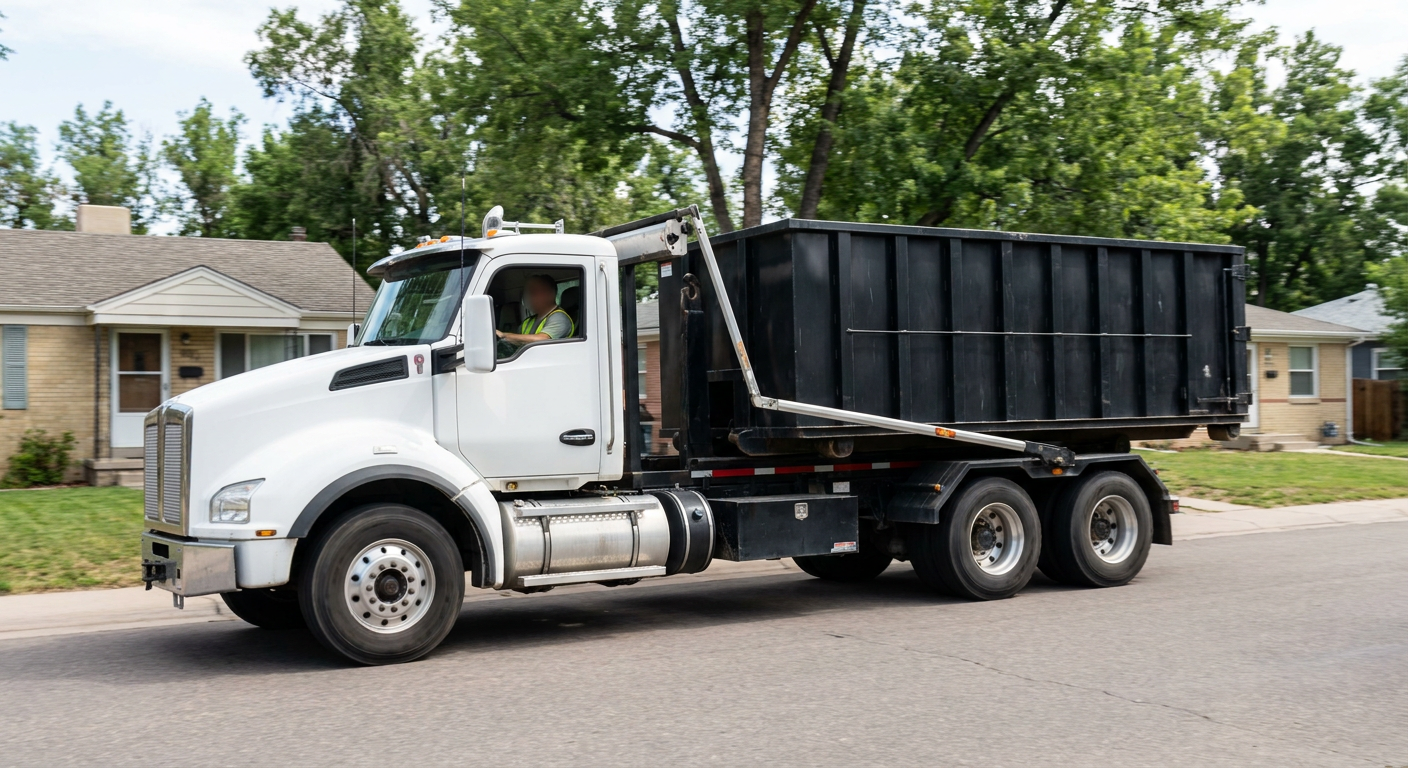 A wide documentary shot of a matte-black roll-off delivery truck pulling onto a quiet Springfield residential street at mid-morning, with neighborhood rooftops and tree-lined blocks visible behind, showing the metro coverage footprint.