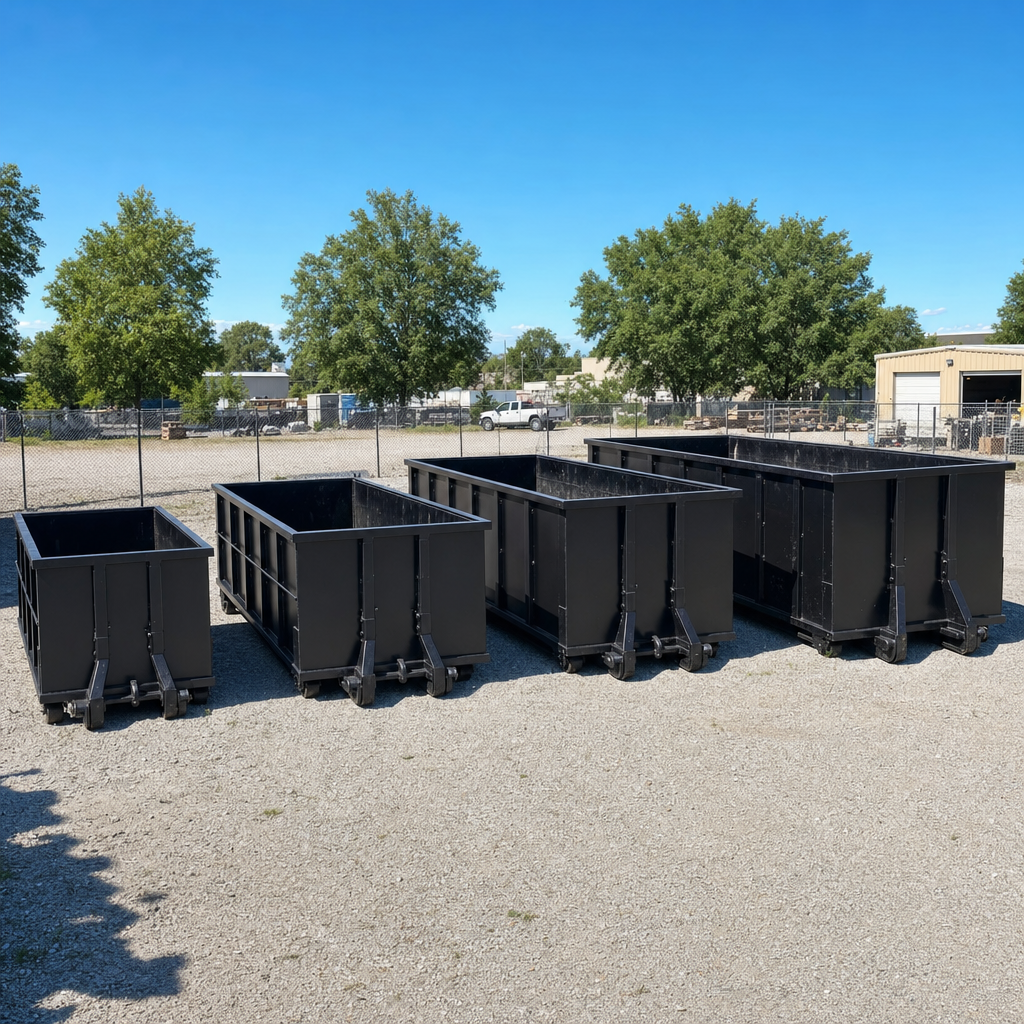 A clean lineup of matte-black roll-off dumpsters in 10, 20, 30, and 40-yard sizes staged on a sunlit gravel yard in Springfield, showing the size progression from compact to commercial-scale containers.