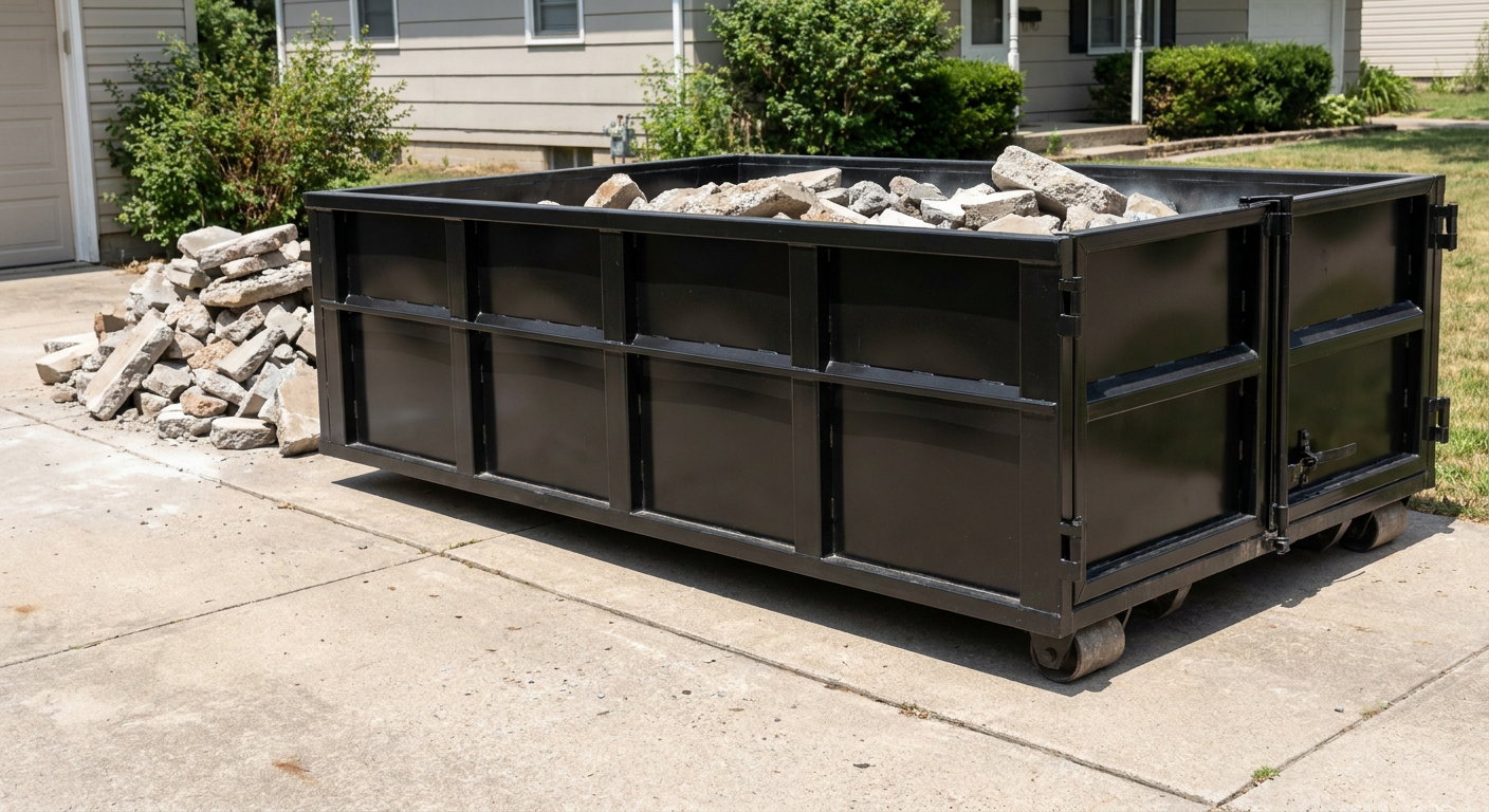 A matte-black low-side heavy-debris roll-off dumpster placed directly on a Springfield concrete driveway, with broken concrete chunks neatly stacked beside it under clean daylight.